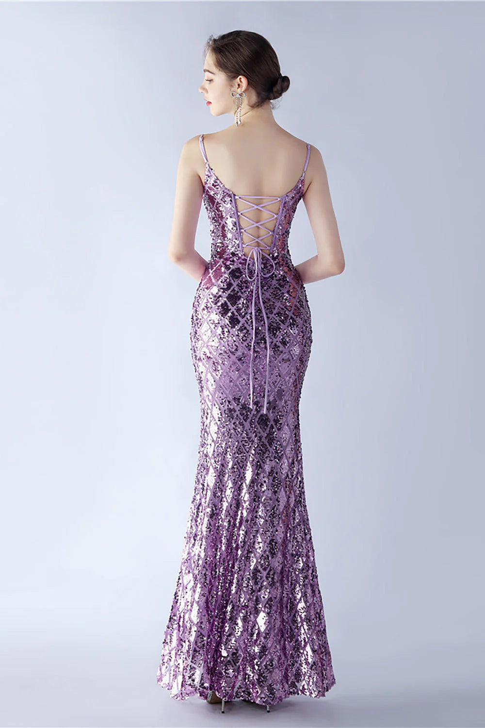 Burgundy Sheath Spaghetti Straps V neck Sequin Formal Dress with Slit