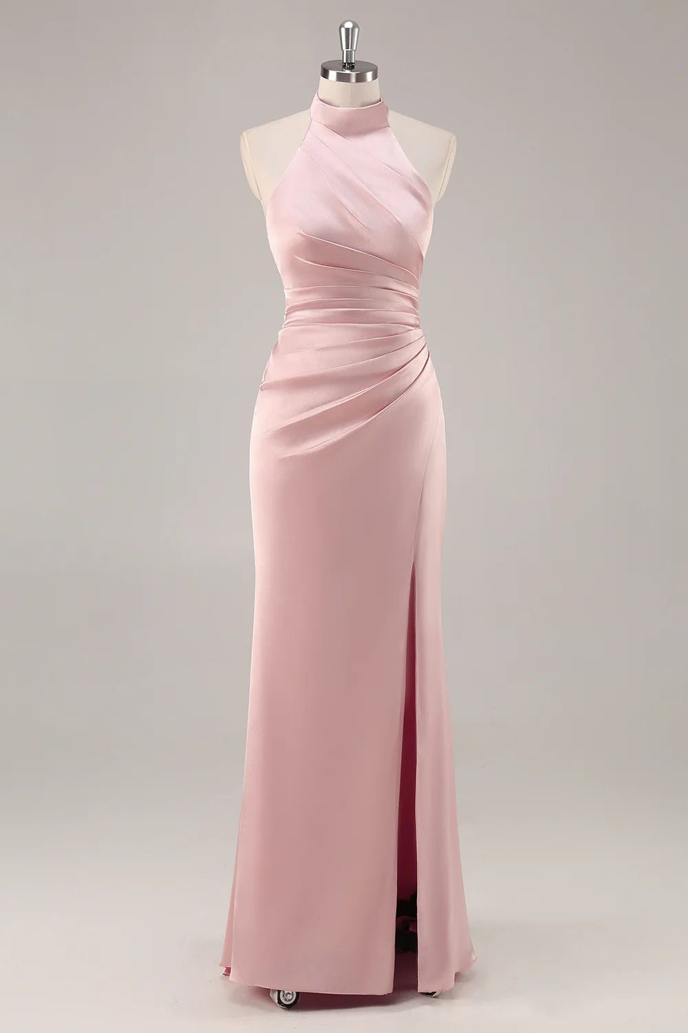Blush Sheath Halter Satin Pleated Open Back Long Bridesmaid Dress with Slit