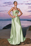 Light Green A Line Halter Satin Hollow Out Long Bridesmaid Dress with Flower