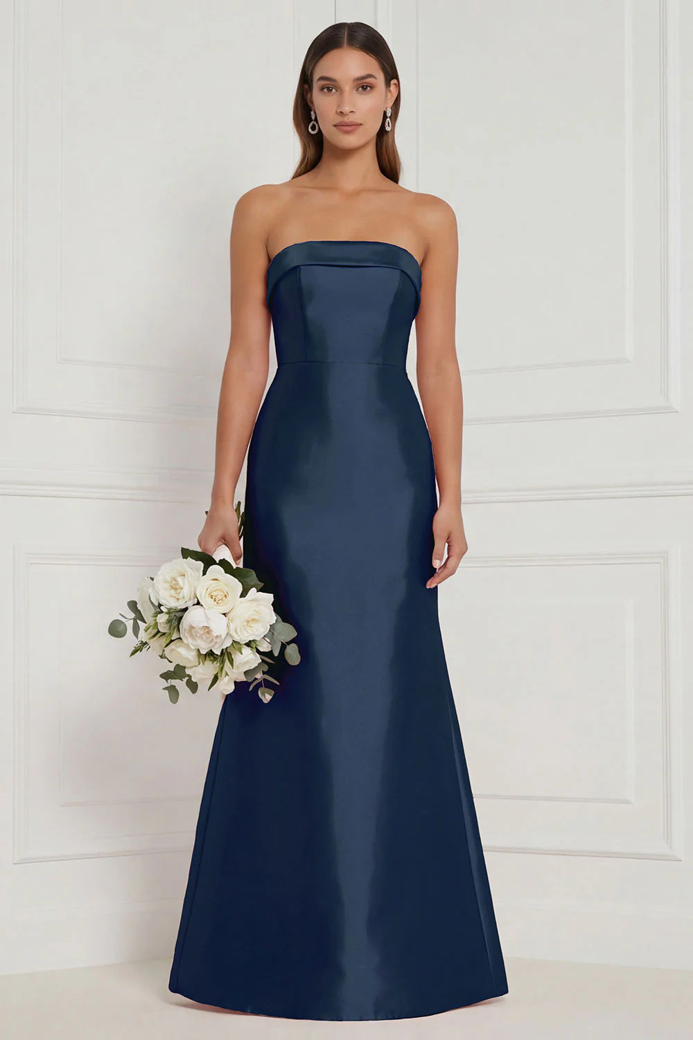Strapless Mermaid Dusty Rose Satin Long Bridesmaid Dress