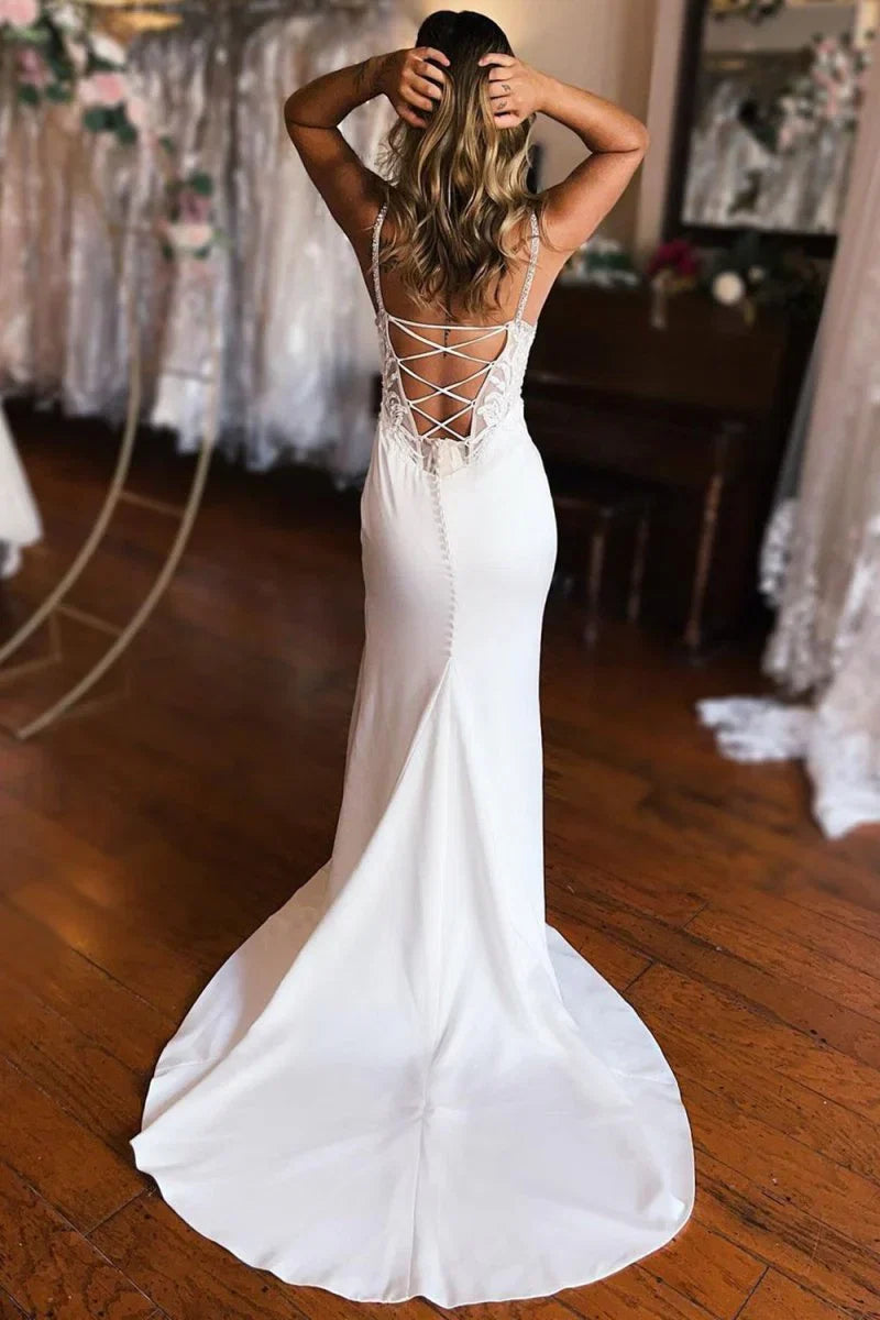 Sheath White Lace Up Back Wedding Dress with Slit