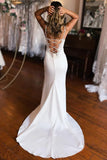 Sheath White Lace Up Back Wedding Dress with Slit