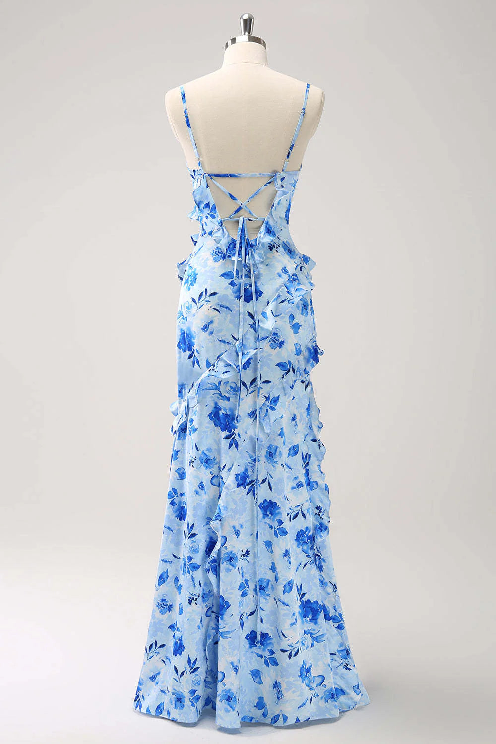 Blue Spaghetti Straps Print Ruffle Mermaid Bridesmaid Dress with Slit