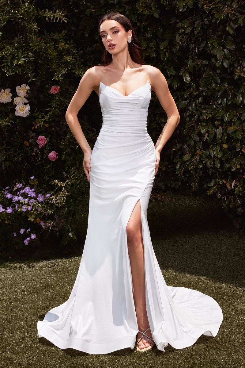 AVA POINTED V NECKLINE GOWN OFF WHITE STRAPLESS STRETCH SPANDEX SATIN FITTED DRESS