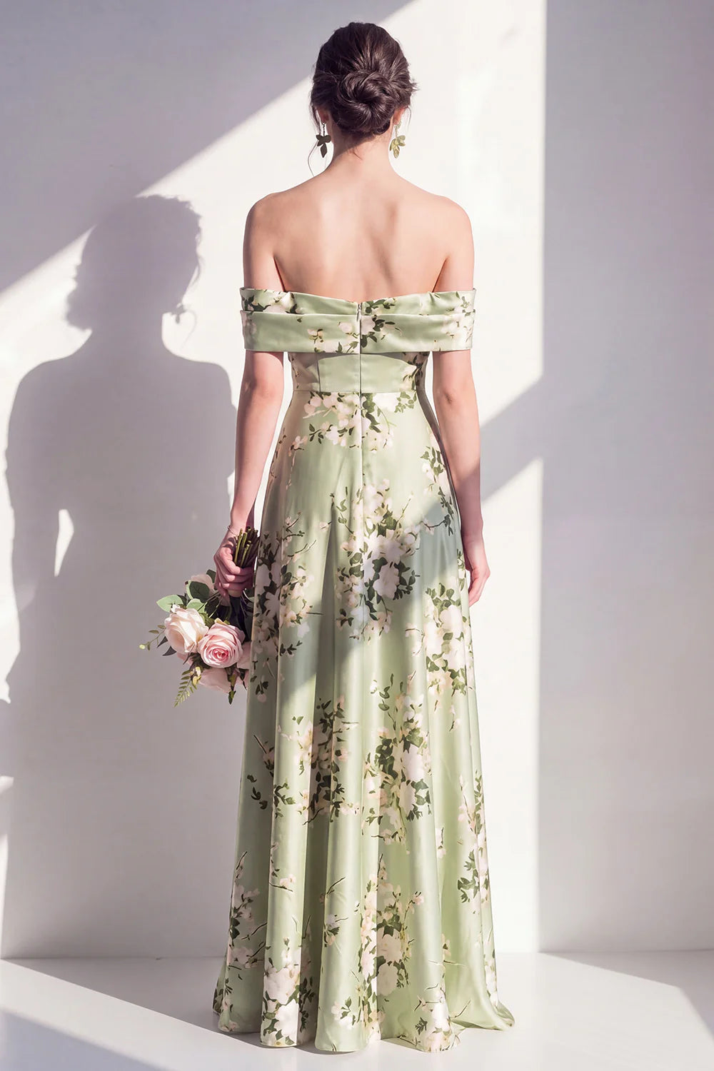 Off the Shoulder A Line Sage Green Floral Bridesmaid Dress