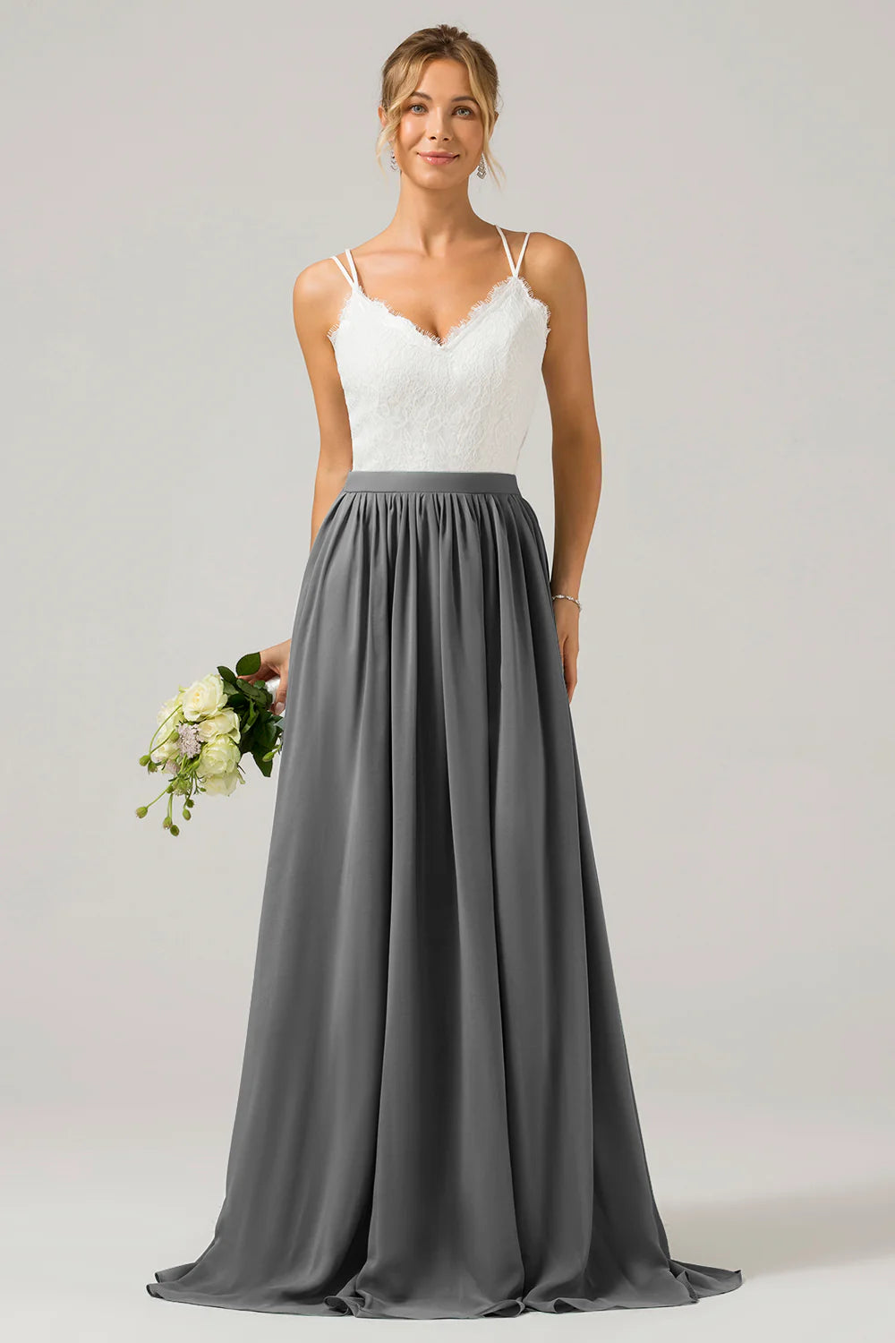 A Line Spaghetti Straps Pleated Long Bridesmaid Dress With Lace