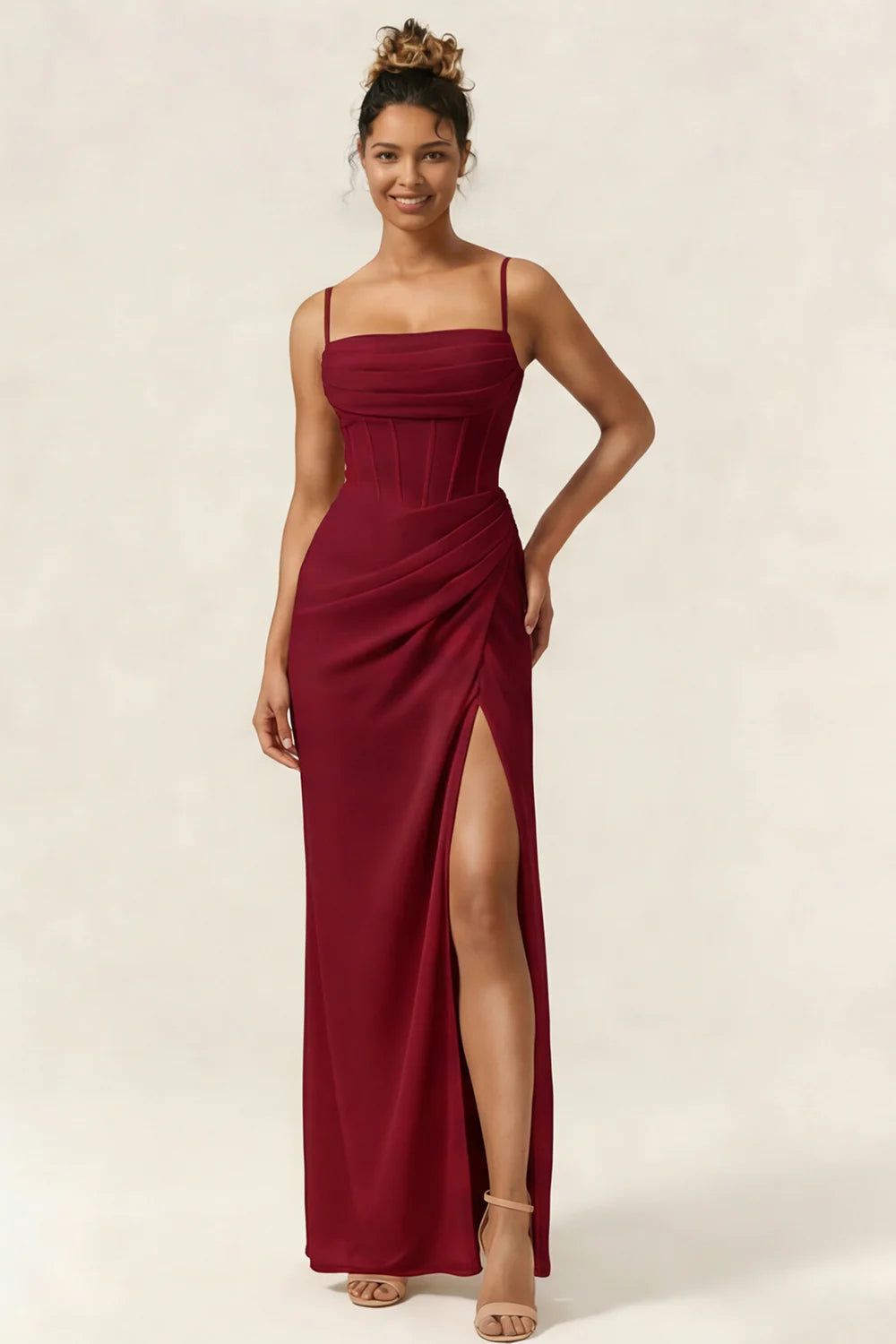 Green Flower Mermaid Corset Chiffon Long Bridesmaid Dress with Slit