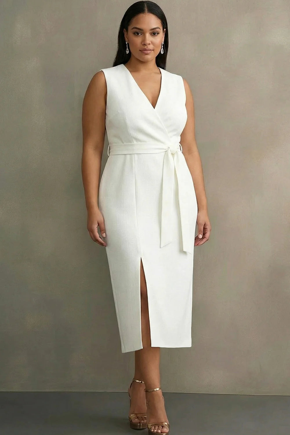 White Satin V Neck Plus Size Work Dress with Belt