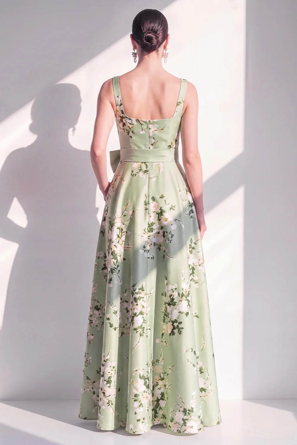 Printed Floral A Line Square Neck Sage Green Bridesmaid Dress with Pockets