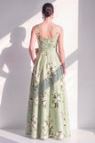 Printed Floral A Line Square Neck Sage Green Bridesmaid Dress with Pockets