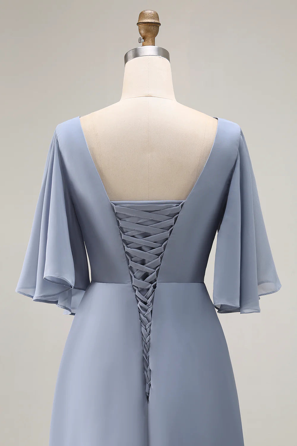 Dusty Blue A Line Chiffon V Neck Ruched Mother Of The Bride Dress with Short Sleeves