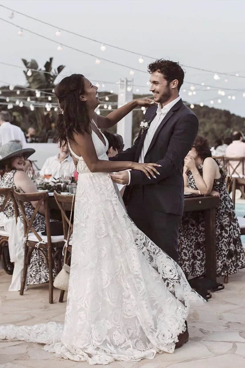 Luxury Lace Chic Halter A Line Bohemian Wedding Dress with Slit Bridal Gowns