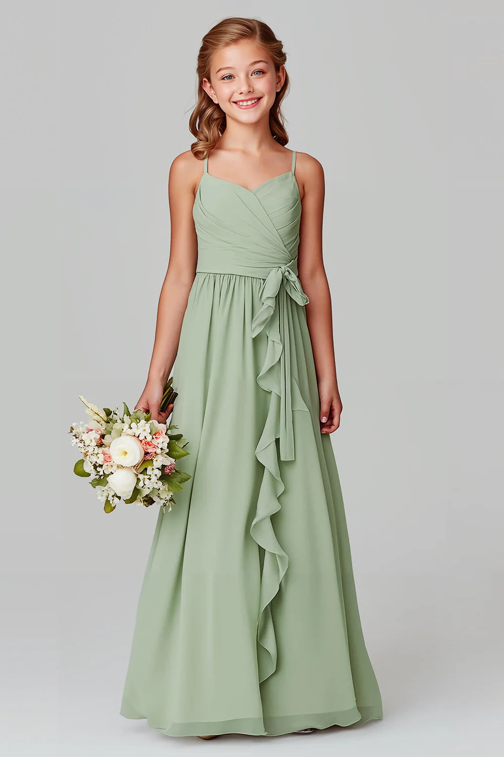 Ruffled Chiffon Sage Green A Line Spaghetti Straps Long Junior Bridesmaid Dress