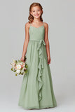 Ruffled Chiffon Sage Green A Line Spaghetti Straps Long Junior Bridesmaid Dress