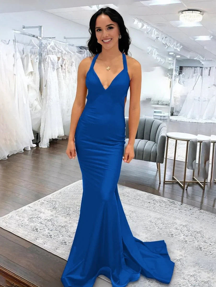 Angela Mermaid Pink V Neck Backless Satin Long Prom Dress