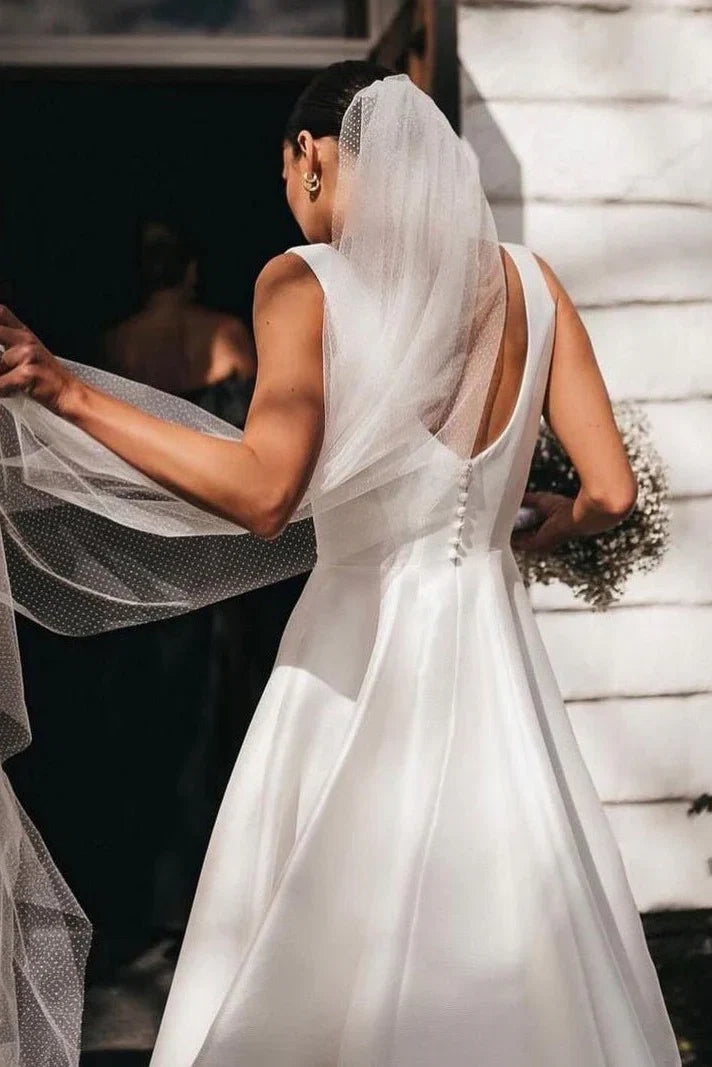 Simple A Line Square Neck White Satin Wedding Dresses