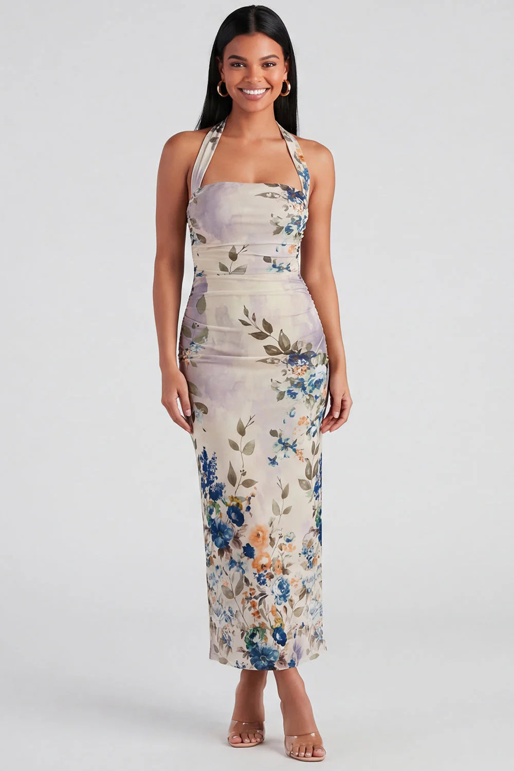 Champagne Halter Floral Wedding Guest Dress