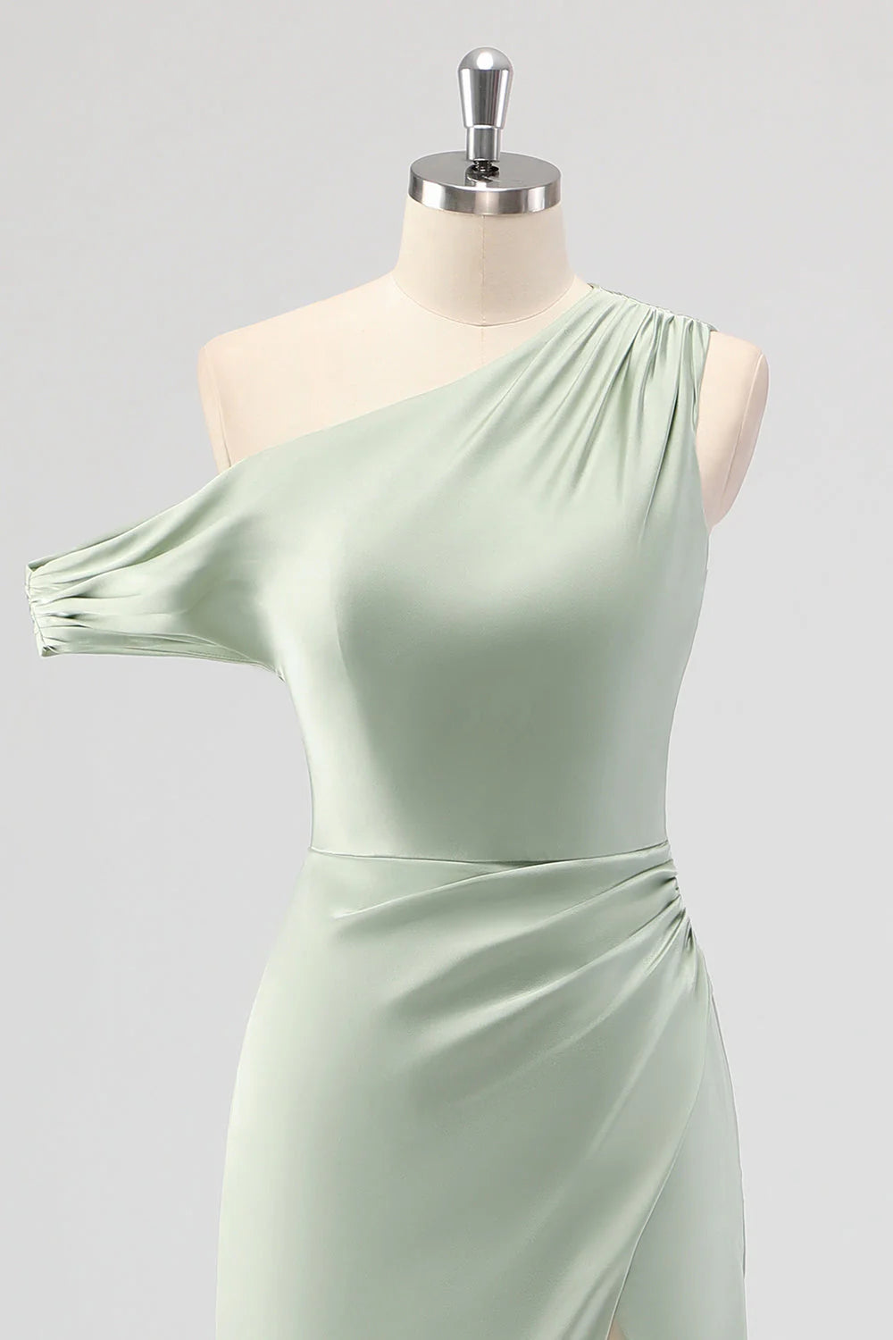 Sage Green Sheath One Shoulder Satin Ruched Long Bridesmaid Dress with Slit