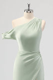 Sage Green Sheath One Shoulder Satin Ruched Long Bridesmaid Dress with Slit