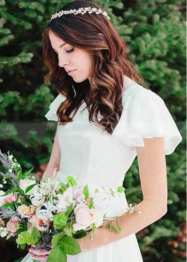 Beach Chiffon A Line Simple White Wedding Dress with Short Sleeves