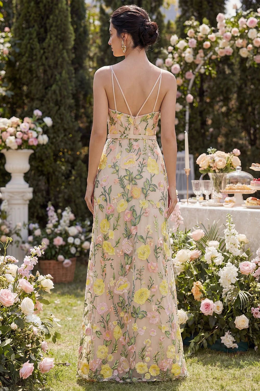 Champagne Spaghetti Straps Floral Wedding Guest Dress with Belt