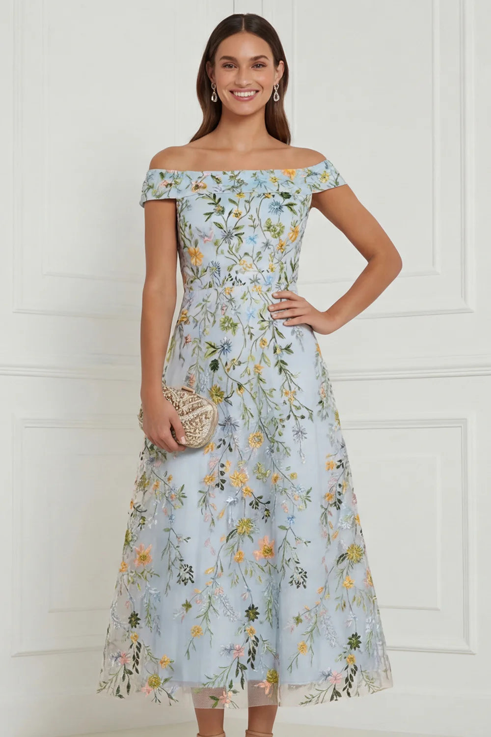 Off the Shoulder Light Blue Floral A Line Midi Wedding Guest Dress