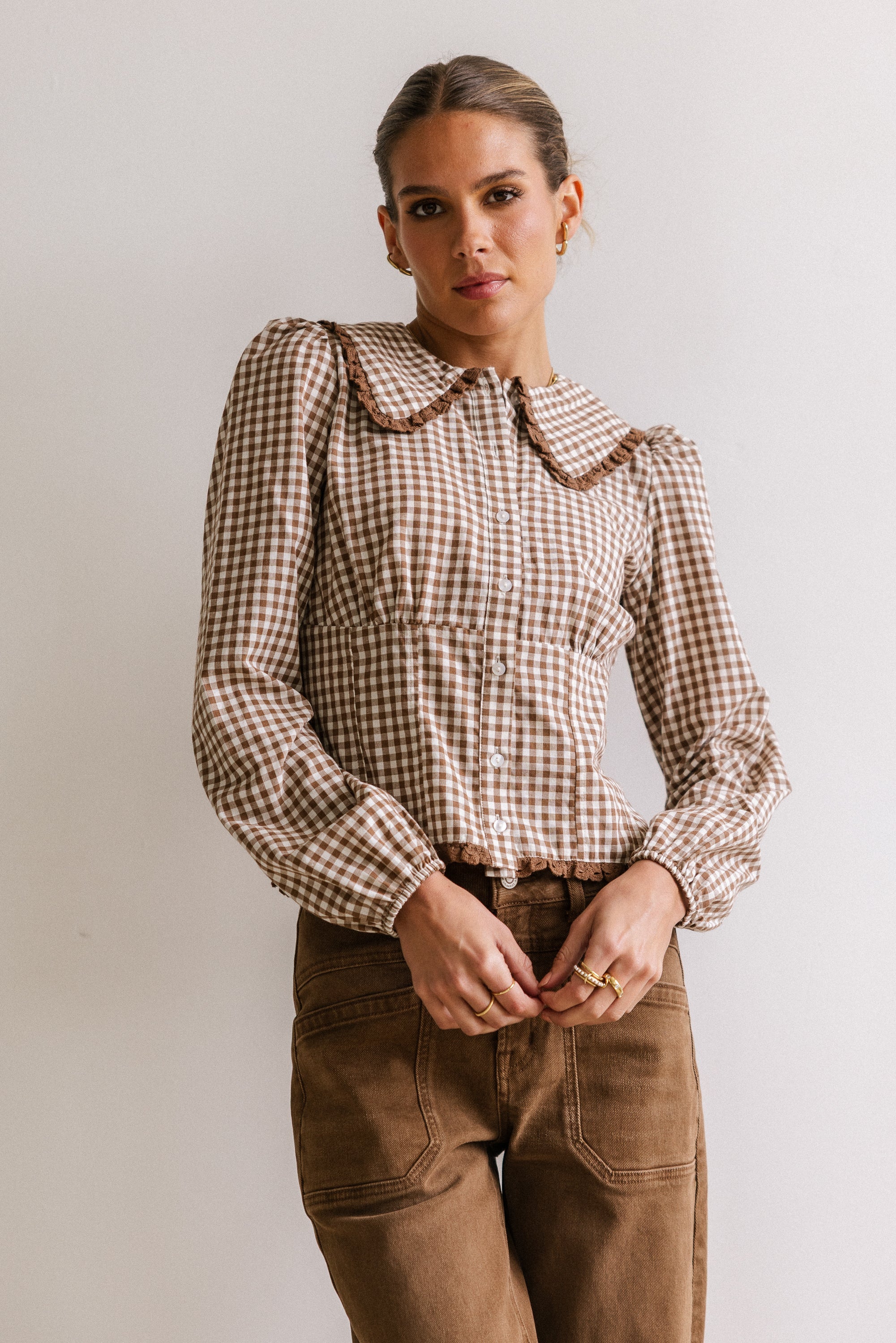 Brenna Gingham Blouse in Mocha FINAL SALE