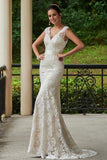 Classic Mermaid V Neck White Lace Backless Wedding Bridal Dress