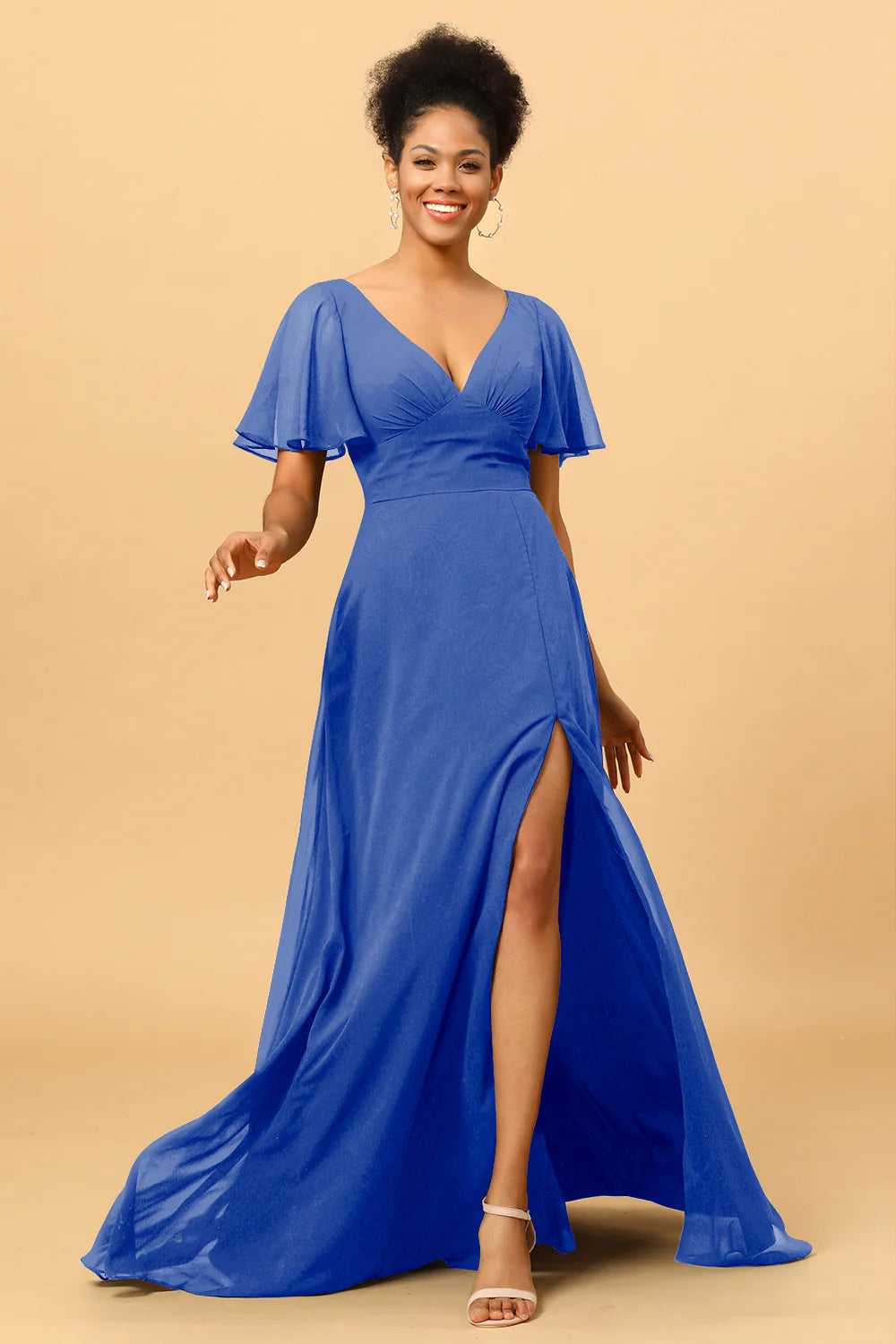 A Line V Neck Long Chiffon Bridesmaid Dress with Slit
