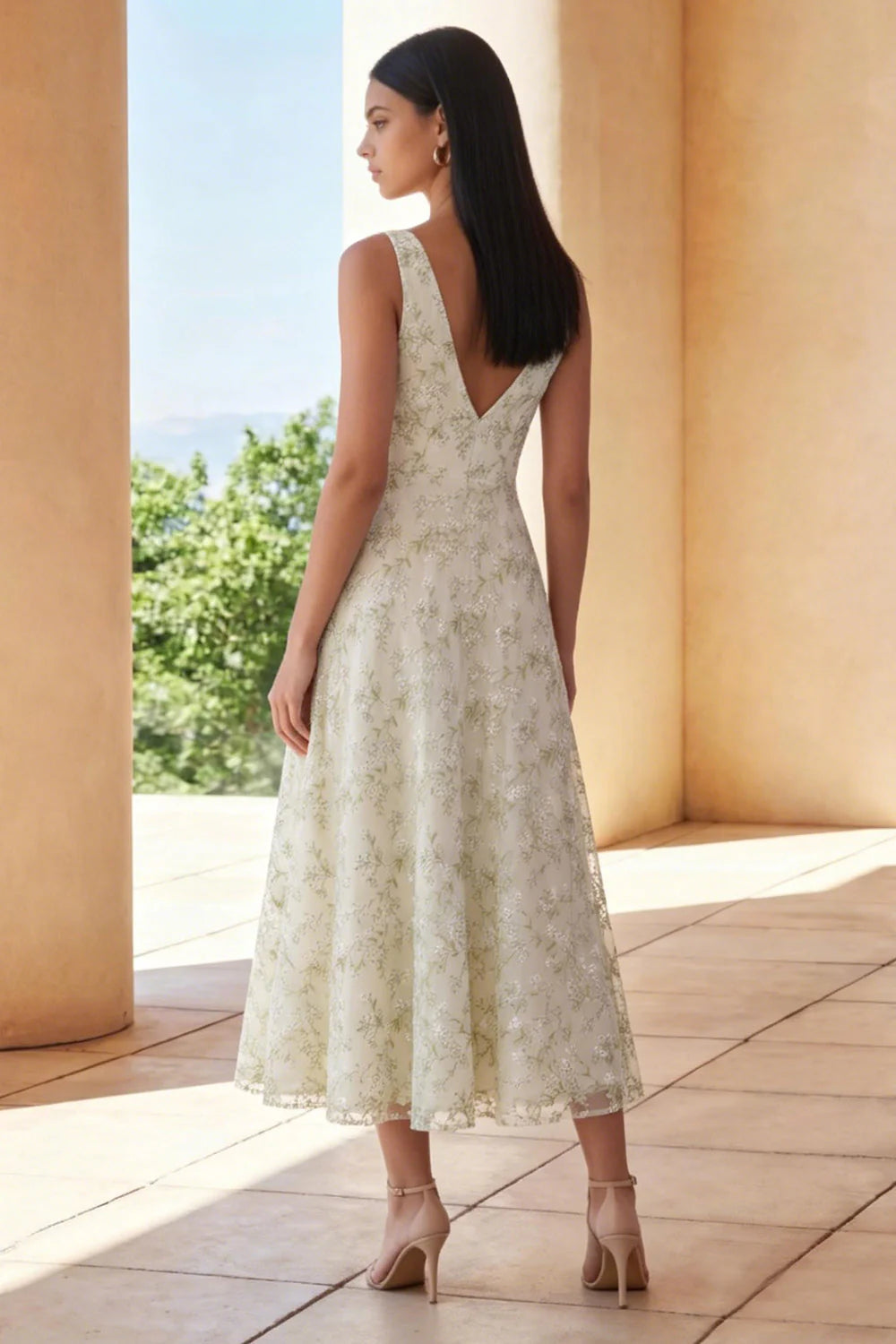 Light Green A Line V Neck Floral Midi Wedding Guest Dress