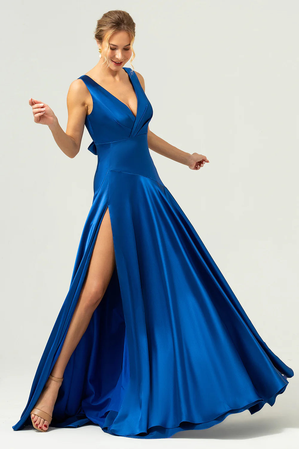 A Line V Neck Satin Ruched Long Ink Blue Bridesmaid Dress with Slit