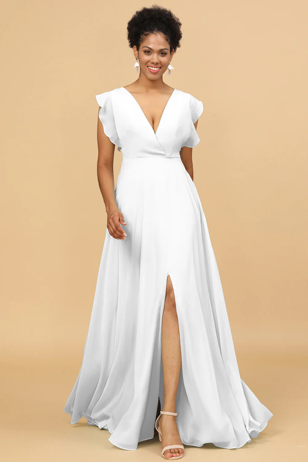 A Line V Neck Floor Length Chiffon Bridesmaid Dress with Slit