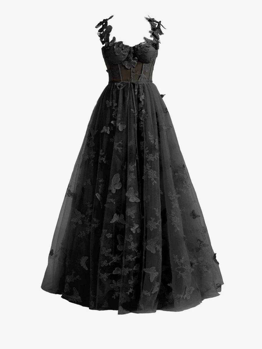 Black A line Butterfly Lace Lilac Corset Prom Dress with Slit