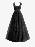 Black A line Butterfly Lace Lilac Corset Prom Dress with Slit