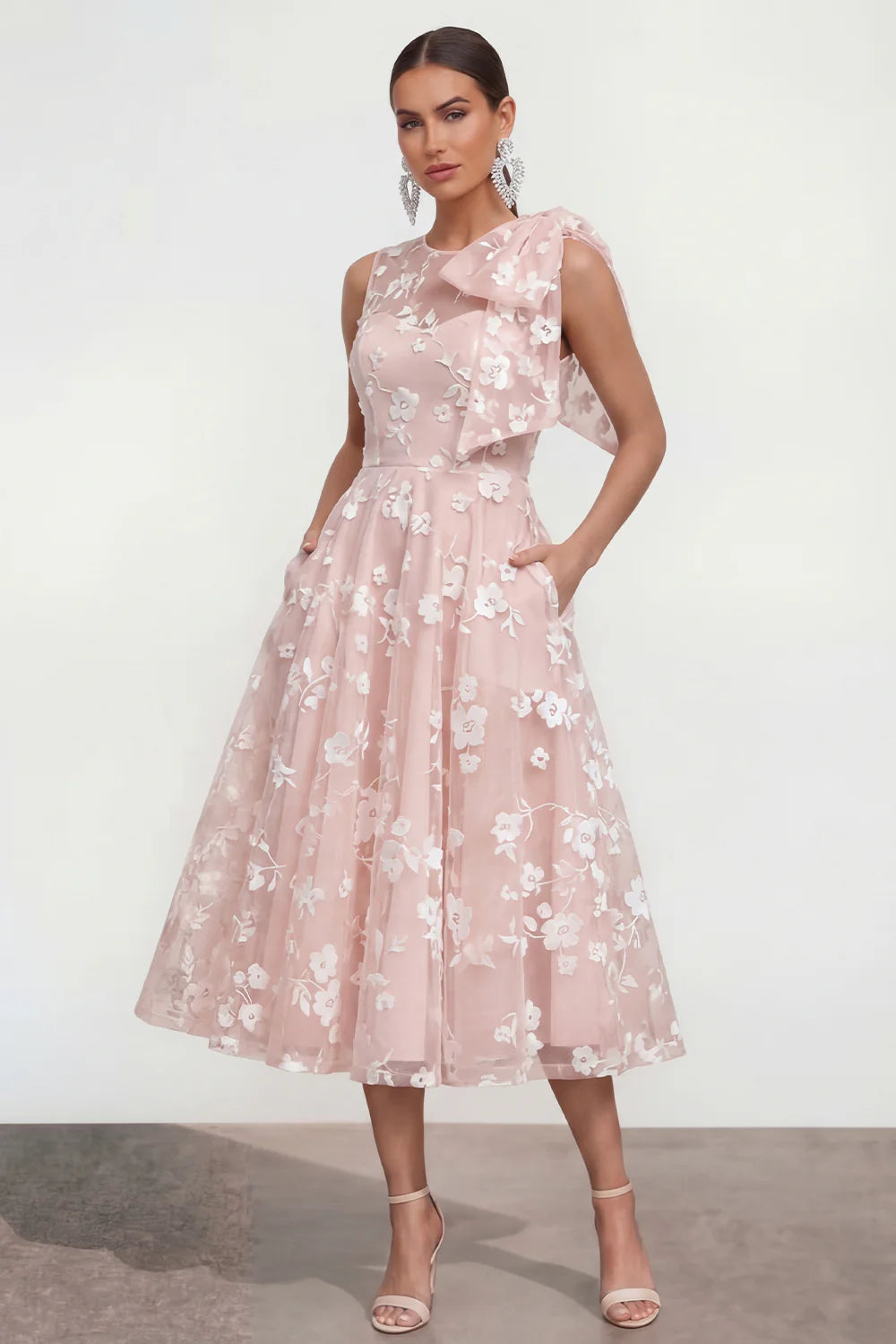 Floral Apricot A Line Bowed Midi Wedding Guest Dress
