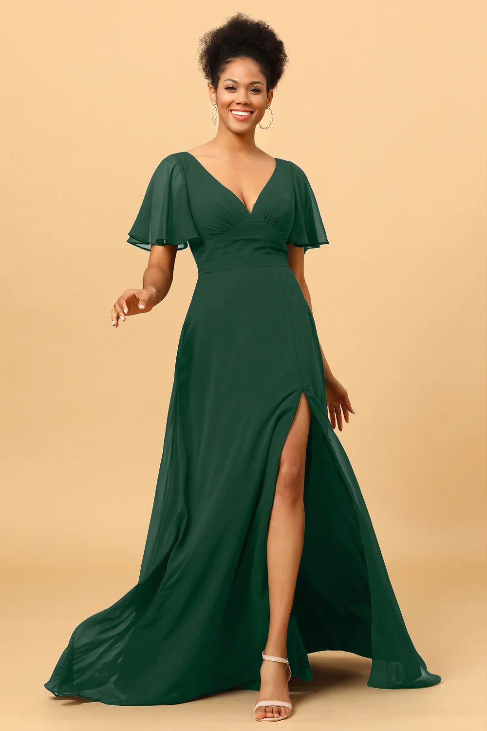 A Line V Neck Long Chiffon Bridesmaid Dress with Slit