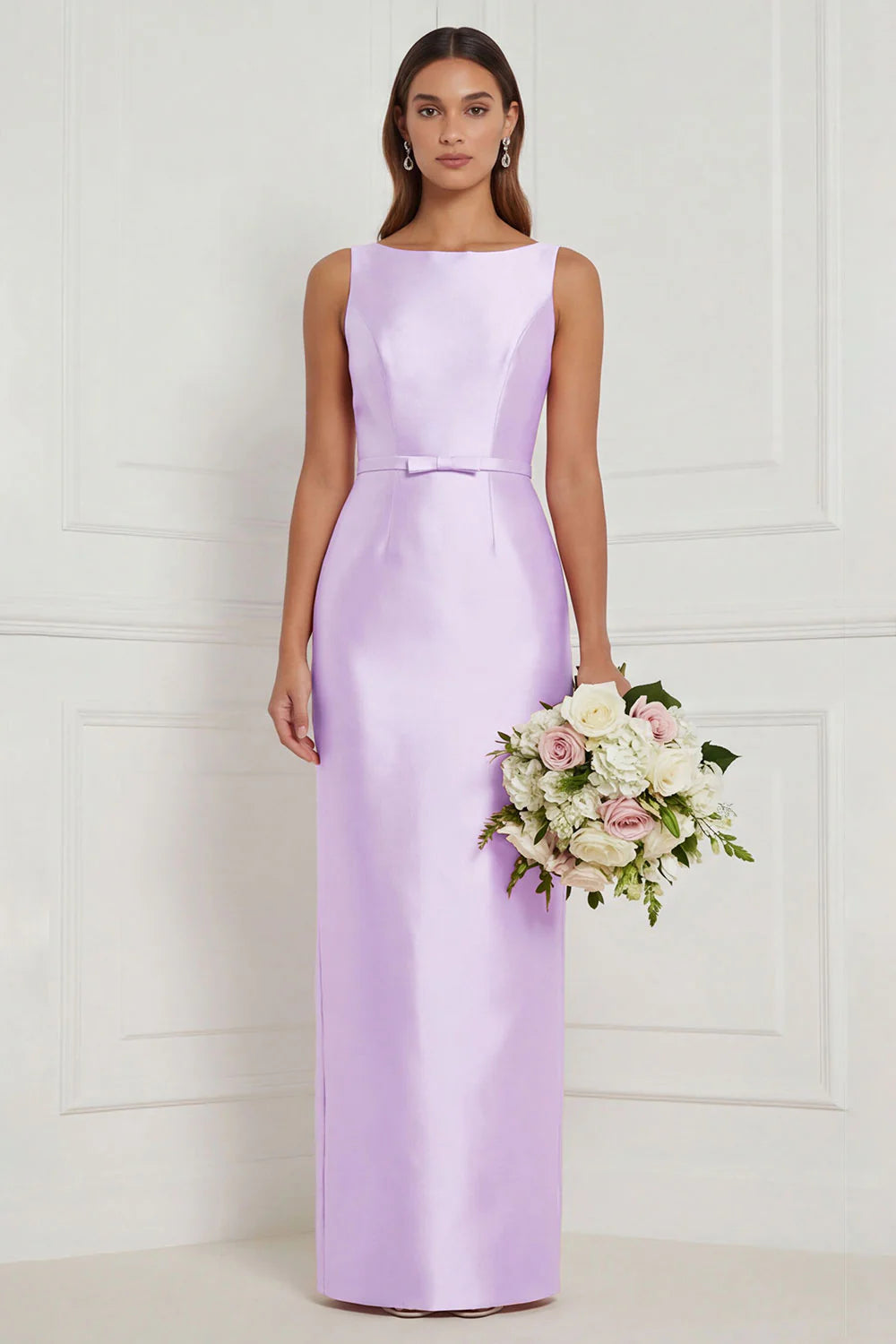 Sage Green Sheath Bateau Neck Satin Bridesmaid Dress