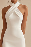 Halter Neck A Line Satin Little White Dress