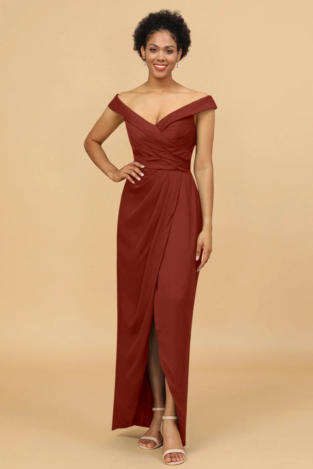 Sheath Column Off The Shoulder Satin Long Bridesmaid Dress