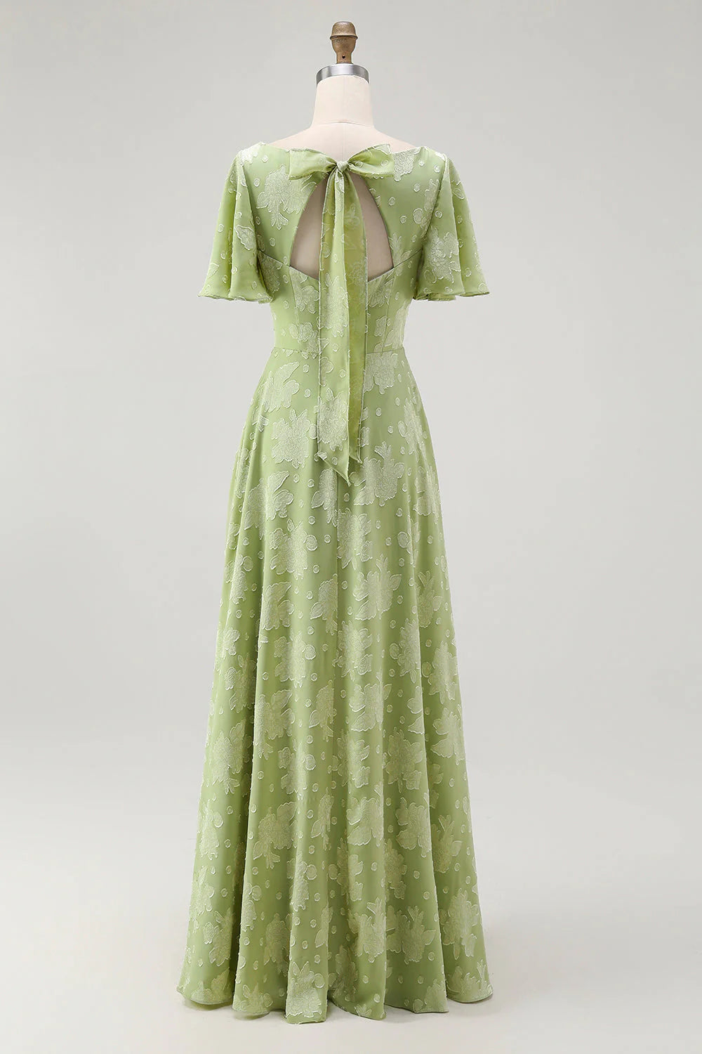 A Line Sage Green Floral Jacquard Flutter Sleeves Maxi Dress with Bow Back