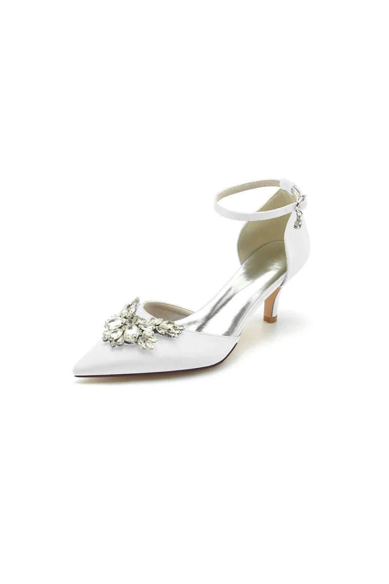 Pointed Toe Satin Kitten Heels With Rhinestone