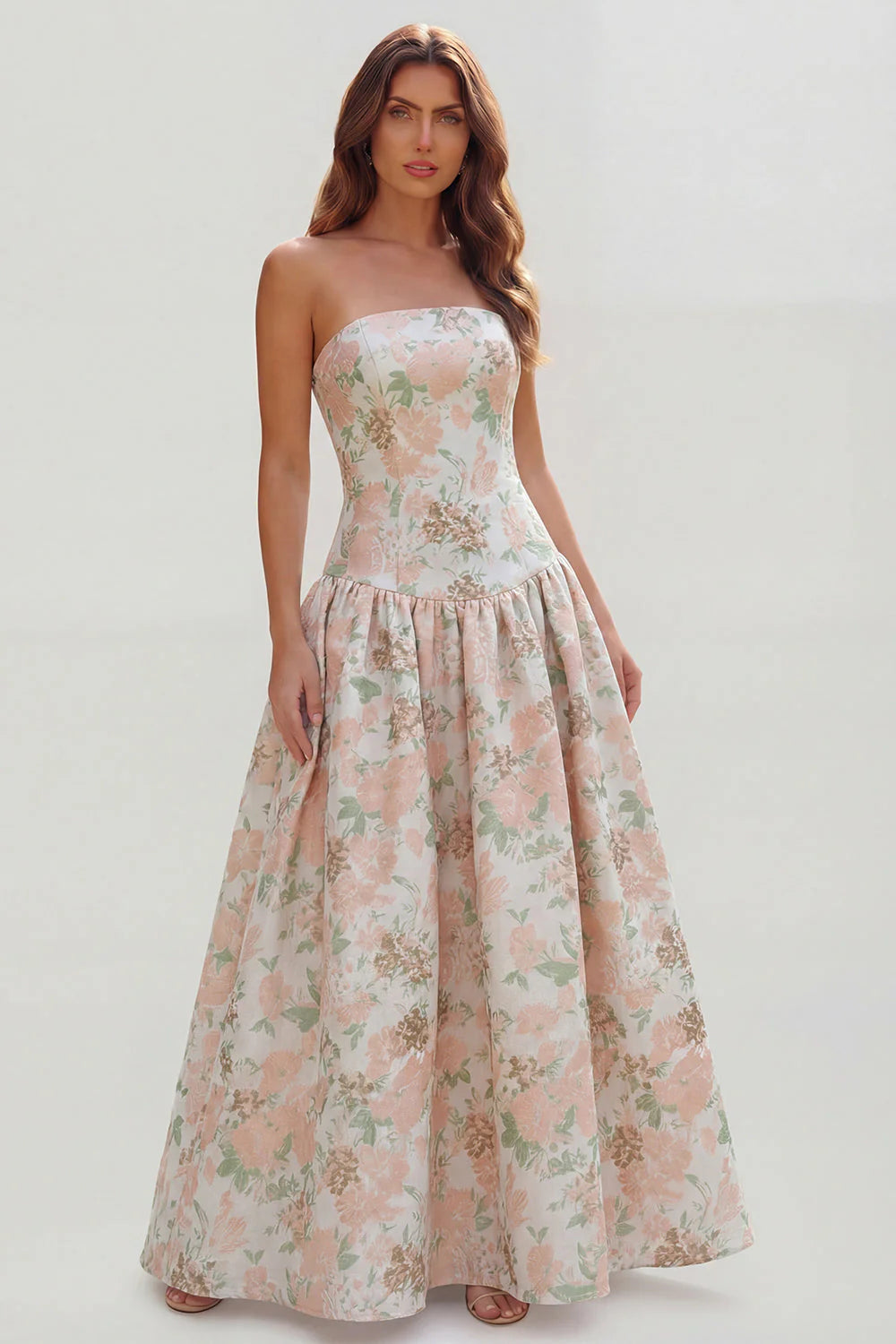 Blue White Flower Printed Strapless A Line Long Wedding Guest Dress