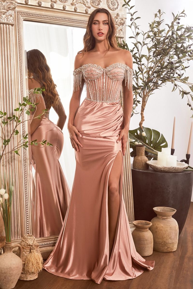 LANA GOWN EMBELLISHED OFF THE SHOULDER SATIN GOWN