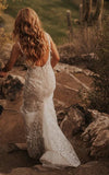 Sexy Mermaid V neck Lace Sleeveless Wedding Dress with Sweep Train Simple Elegant Ethereal Country Garden