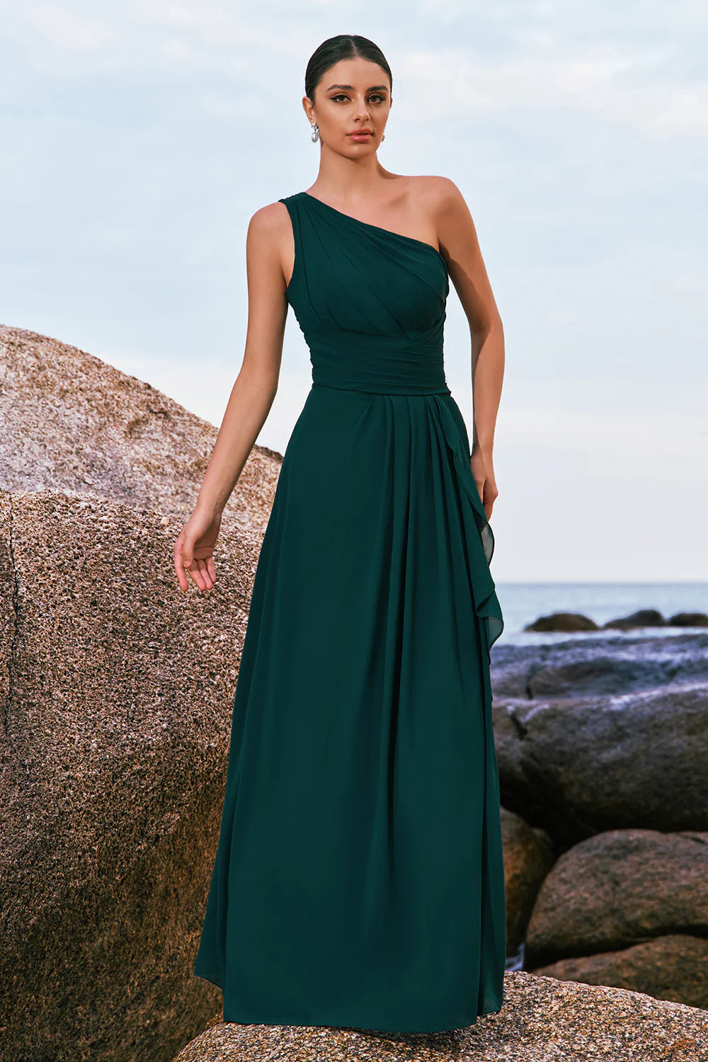 Dark Green One Shoulder Chiffon Pleated A Line Long Bridesmaid Dress