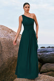 Dark Green One Shoulder Chiffon Pleated A Line Long Bridesmaid Dress