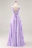 Lilac A Line Sequin Applique Long Bridesmaid Dress with Slit