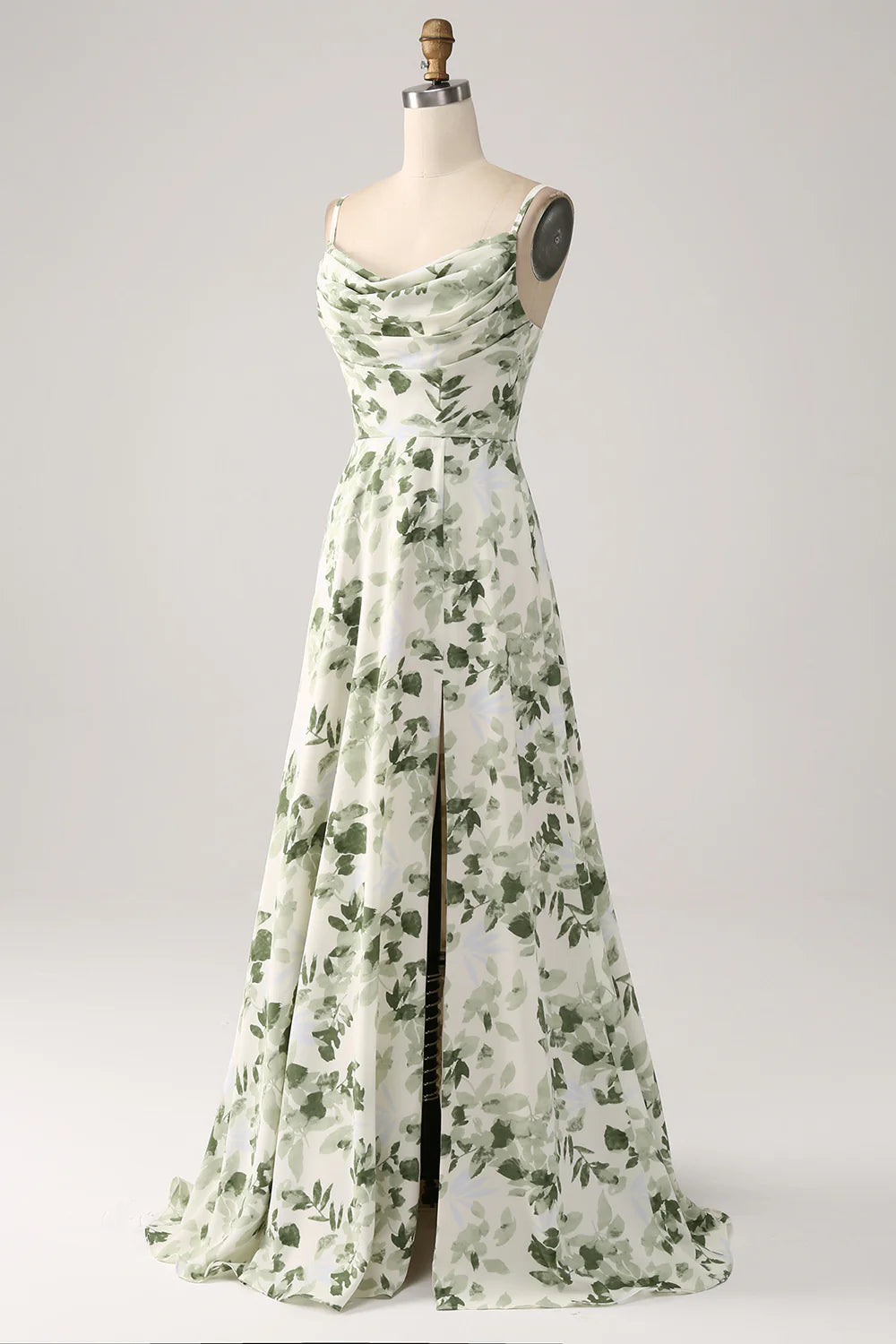 A Line Cowl Neck Printed Long Green Bridesmaid Dress With Slit