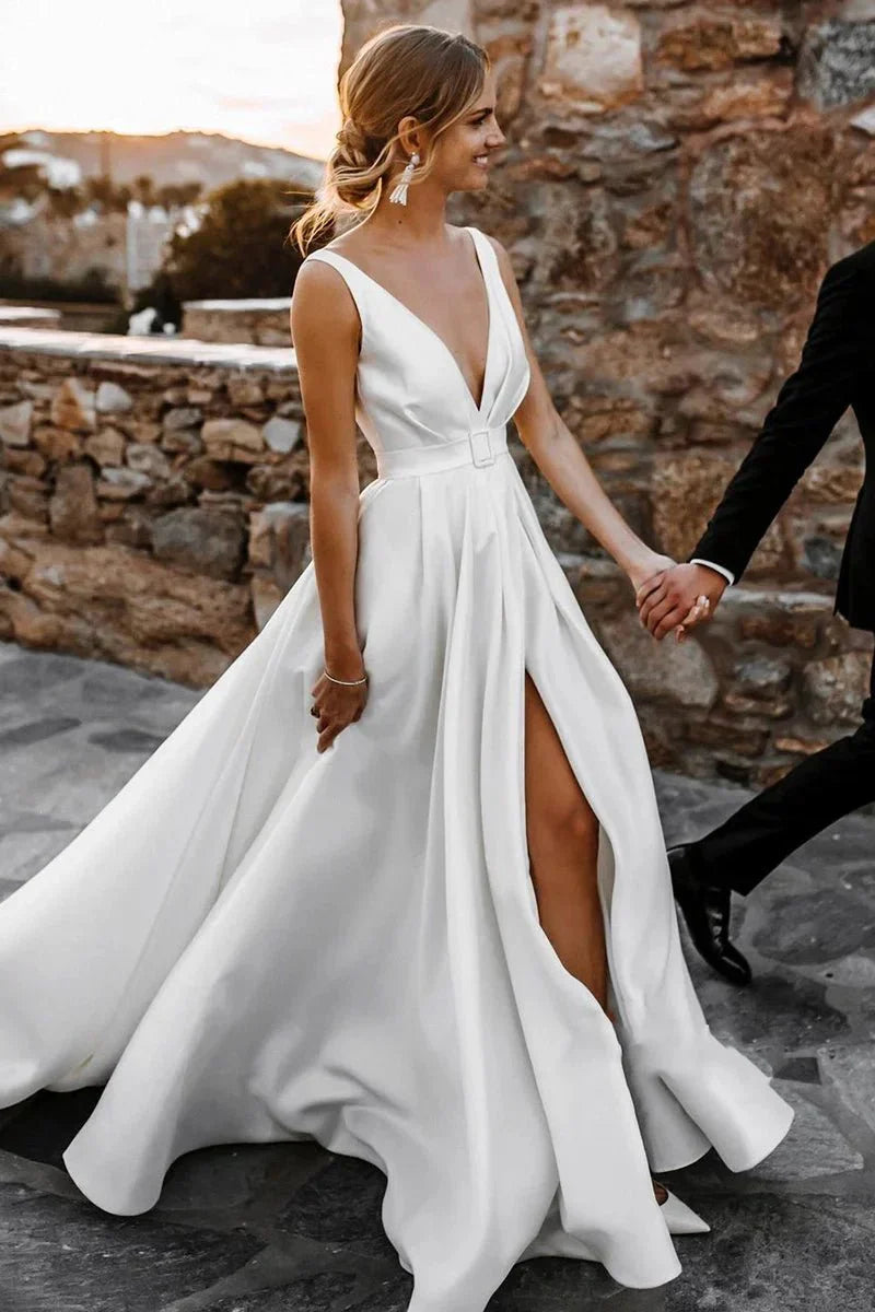 Attractive Deep V Neck White Satin Bohemian Wedding Dress