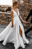 Attractive Deep V Neck White Satin Bohemian Wedding Dress